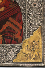 Ic&ocirc;ne orthodoxe, 'La M&egrave;re de Dieu de Vladimir' avec oklad ou riza en argent partiellement &eacute;maill&eacute;, Russie, 19&egrave;me/20&egrave;me si&egrave;cle