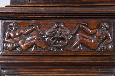 A French Renaissance style walnut deux-corps three-door cabinet with historical royal figures, 19th C. with earlier elements