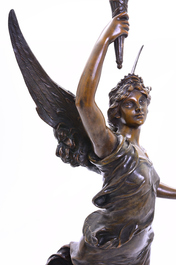 Auguste Moreau (1834-1917): 'Cupidon' &amp; Juan Terville (19th/20th C.): Victoria, brown patinated zamak, 20th C.