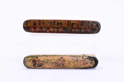 Three lacquered and polychrome decorated papier-m&acirc;ch&eacute; qalamdan or pen holders, Qajar, Iran, 19th C.