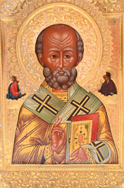 Ic&ocirc;ne orthodoxe avec oklad ou rizza en cuivre argent&eacute;, 'Saint Nicolas', Russie, 19&egrave;me si&egrave;cle
