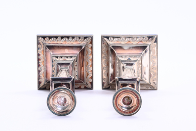 A pair of Belgian silver candlesticks, marked for Brakmyn &amp; Fils Bruxelles, 835/000, third quarter of the 20th C.