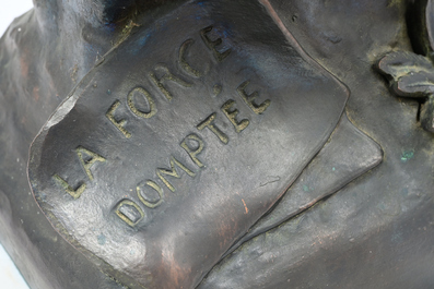 Auguste Moreau (1834-1917): 'A la fontaine' &amp; Emile Picault (1833-1915): 'La force dompt&eacute;e', patinated zamak, 20th C.