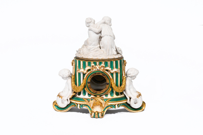 An English Minton partly gilt porcelain and biscuit 'fluted column' mantel clock with an allegorical representation of spring, 19th C.