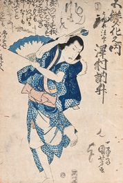 Three Japanese Ukiyo-e woodblock prints, Toyokuni Utagawa and Kuniyoshi Utagawa, Meiji, 19th/20th C.