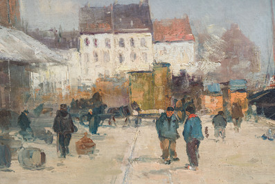 Frans Van Huffel (19&egrave;me/20&egrave;me si&egrave;cle): Vue du quai &agrave; Bruxelles, huile sur toile