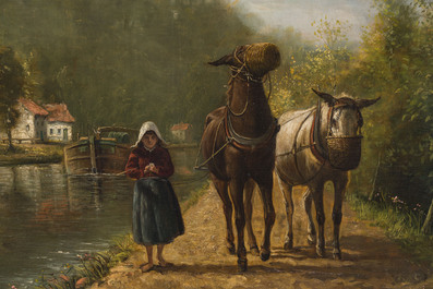 L. Verkamp (19&egrave;me/20&egrave;me si&egrave;cle): P&eacute;niche avec chevaux le long du chemin de halage, huile sur toile