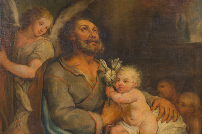 Ecole flamande: Saint Joseph et l'Enfant J&eacute;sus entour&eacute; d'anges, huile sur toile, 18&egrave;me si&egrave;cle