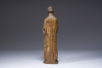 Important Saint Bavon de Gand au faucon en bois sculpt&eacute; avec traces de polychromie, Flandres, 16&egrave;me/17&egrave;me si&egrave;cle