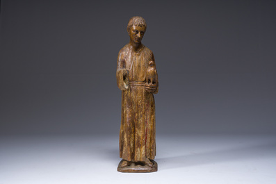 Important Saint Bavon de Gand au faucon en bois sculpt&eacute; avec traces de polychromie, Flandres, 16&egrave;me/17&egrave;me si&egrave;cle