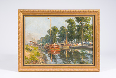 Jean Van Cleemput (1881-1948): Paysage fluvial anim&eacute; avec un pont-levis, huile sur toile