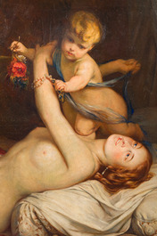 &Eacute;cole belge, suiveur de Gustaaf Wappers (1803-1874): Jeune m&egrave;re avec enfant, huile sur toile, d&eacute;but du 20&egrave;me si&egrave;cle