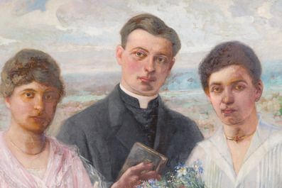 &Eacute;cole belge, sign&eacute; illisiblement (J. Vander Sanden?): Les trois enfants, huile sur toile, vers 1890