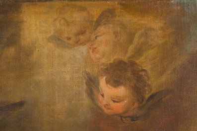 Ecole flamande: Saint Joseph et l'Enfant J&eacute;sus entour&eacute; d'anges, huile sur toile, 18&egrave;me si&egrave;cle