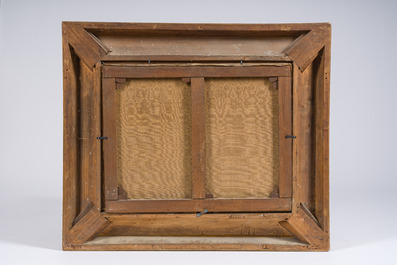 L. Verkamp (19&egrave;me/20&egrave;me si&egrave;cle): P&eacute;niche avec chevaux le long du chemin de halage, huile sur toile