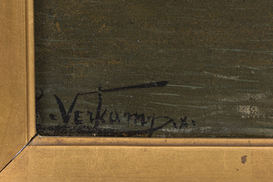 L. Verkamp (19&egrave;me/20&egrave;me si&egrave;cle): P&eacute;niche avec chevaux le long du chemin de halage, huile sur toile