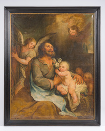Ecole flamande: Saint Joseph et l'Enfant J&eacute;sus entour&eacute; d'anges, huile sur toile, 18&egrave;me si&egrave;cle