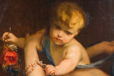 &Eacute;cole belge, suiveur de Gustaaf Wappers (1803-1874): Jeune m&egrave;re avec enfant, huile sur toile, d&eacute;but du 20&egrave;me si&egrave;cle