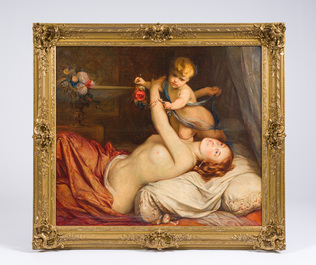 &Eacute;cole belge, suiveur de Gustaaf Wappers (1803-1874): Jeune m&egrave;re avec enfant, huile sur toile, d&eacute;but du 20&egrave;me si&egrave;cle