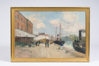 Frans Van Huffel (19&egrave;me/20&egrave;me si&egrave;cle): Vue du quai &agrave; Bruxelles, huile sur toile