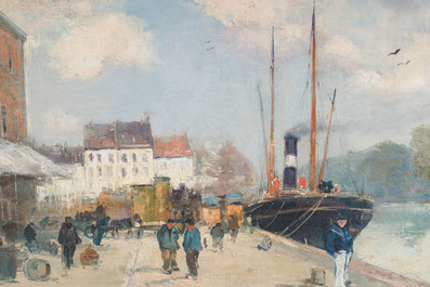 Frans Van Huffel (19&egrave;me/20&egrave;me si&egrave;cle): Vue du quai &agrave; Bruxelles, huile sur toile