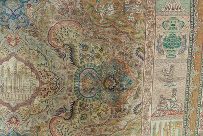 A Persian Tabriz rug with floral design and many references to ancient Persian culture, wool on cotton, 20th C.