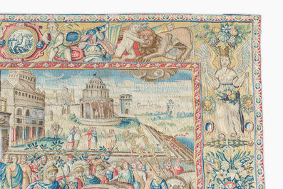 Importante tapisserie murale de Bruges repr&eacute;sentant 'Les porte-drapeaux' de la s&eacute;rie 'Les Triomphes de C&eacute;sar', seconde moiti&eacute; du 16&egrave;me si&egrave;cle