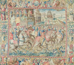 Importante tapisserie murale de Bruges repr&eacute;sentant 'Les porte-drapeaux' de la s&eacute;rie 'Les Triomphes de C&eacute;sar', seconde moiti&eacute; du 16&egrave;me si&egrave;cle