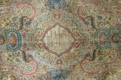 A Persian Tabriz rug with floral design and many references to ancient Persian culture, wool on cotton, 20th C.