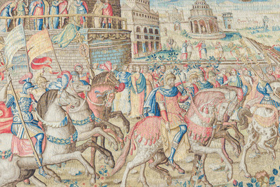 Importante tapisserie murale de Bruges repr&eacute;sentant 'Les porte-drapeaux' de la s&eacute;rie 'Les Triomphes de C&eacute;sar', seconde moiti&eacute; du 16&egrave;me si&egrave;cle