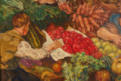 Edouard Thiebaut (1878-1956): The vegetable market, oil on canvas, dated 1929