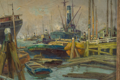 Jan Gerard Smits (1823-1910, &agrave; la mani&egrave;re de): Vue d'un port, huile sur toile