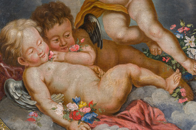 &Eacute;cole fran&ccedil;aise: Trois anges aux paniers de fleurs, huile sur toile, vers 1800