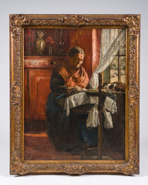 Piet Staut (1876-1933): Int&eacute;rieur avec dentelli&egrave;re et chat, huile sur toile