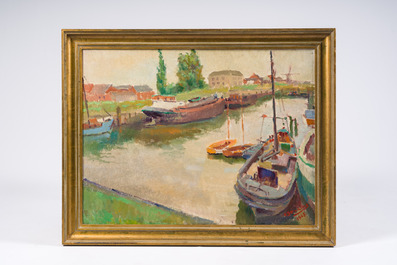 Eduard Storms (1905-?): Port de Doel, huile sur toile, dat&eacute; 1967