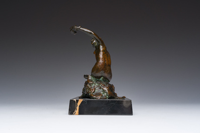 Eug&egrave;ne Jean De Bremaecker (1879-1963): Nude lady sitting on a rock, brown patinated bronze on a marble base, 1920's
