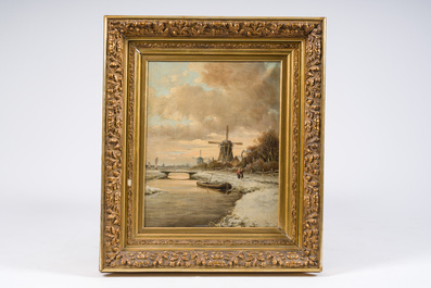 Ecole hollandaise, signature illisible: Paysage d'hiver avec moulins &agrave; vent, huile sur toile, 19&egrave;me/20&egrave;me si&egrave;cle