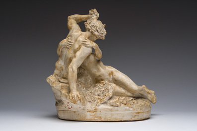 &Eacute;cole fran&ccedil;aise, suiveur de Claude Michel (Clodion, 1738-1814): Pan et la nymphe Syrinx, pl&acirc;tre patin&eacute;, 19&egrave;me/20&egrave;me si&egrave;cle