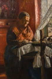 Piet Staut (1876-1933): Int&eacute;rieur avec dentelli&egrave;re et chat, huile sur toile