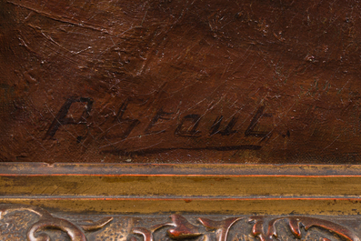 Piet Staut (1876-1933): Int&eacute;rieur avec dentelli&egrave;re et chat, huile sur toile