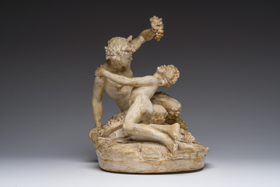 &Eacute;cole fran&ccedil;aise, suiveur de Claude Michel (Clodion, 1738-1814): Pan et la nymphe Syrinx, pl&acirc;tre patin&eacute;, 19&egrave;me/20&egrave;me si&egrave;cle