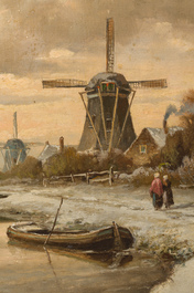 Ecole hollandaise, signature illisible: Paysage d'hiver avec moulins &agrave; vent, huile sur toile, 19&egrave;me/20&egrave;me si&egrave;cle