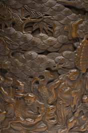 Deux pots &agrave; pinceaux ou rouleaux en bois sculpt&eacute;, Chine, 19&egrave;me/20&egrave;me si&egrave;cle