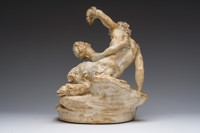 &Eacute;cole fran&ccedil;aise, suiveur de Claude Michel (Clodion, 1738-1814): Pan et la nymphe Syrinx, pl&acirc;tre patin&eacute;, 19&egrave;me/20&egrave;me si&egrave;cle