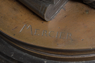 Pendule de chemin&eacute;e en bronze patin&eacute; et dor&eacute; et marbre noir couronn&eacute;e d'Erato par Mercier, France, 19&egrave;me si&egrave;cle