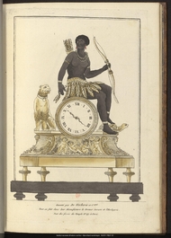 Een paar Franse verguld en gepatineerd bronzen Directoire kandelaars met twee lichtpunten in de vorm van toortsdragende Afrikanen, eind 18de eeuw