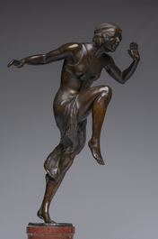 Rudolf Marcuse (1878-1940, attribu&eacute; &agrave;): Danseuse, bronze &agrave; patin brune sur un socle en marbre rouge