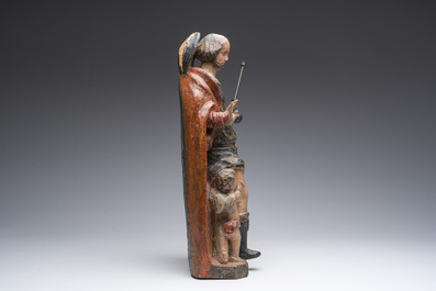 Saint Roch accompagn&eacute; d'un ange et d'un chien en bois sculpt&eacute; et polychrom&eacute;, Flandres, 17&egrave;me si&egrave;cle