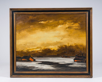 Paul Permeke (1918-1990): Soleil rougeoyant sur la campagne enneig&eacute;e, huile sur toile