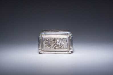 A rare English George II tea caddy with richly engraved floral design and coats of arms, London, maker's mark Paul de Lamerie, dated 1745